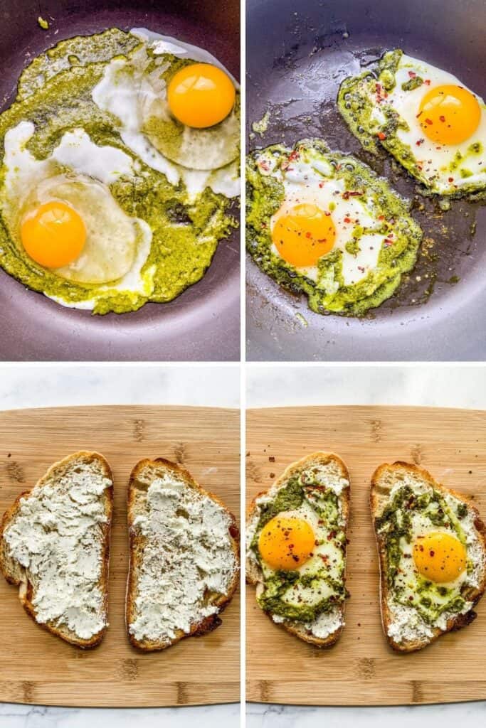 Four shots of pesto eggs being prepared.