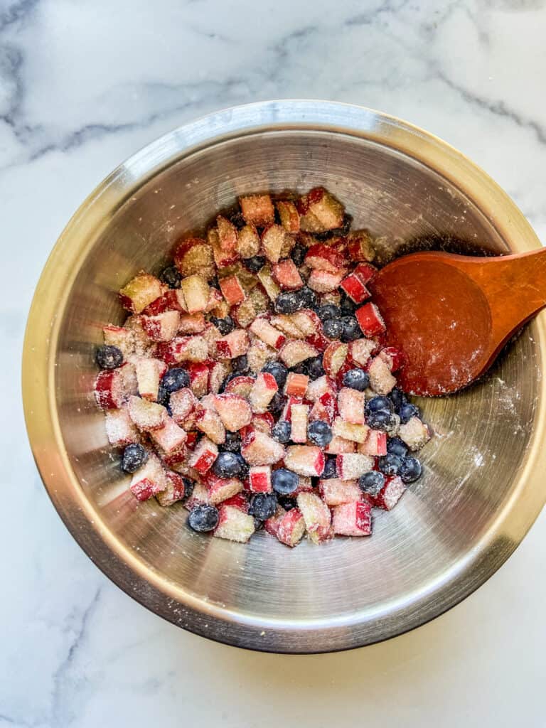 A bowl of chopped rhubarb, blueberries, and sugar.