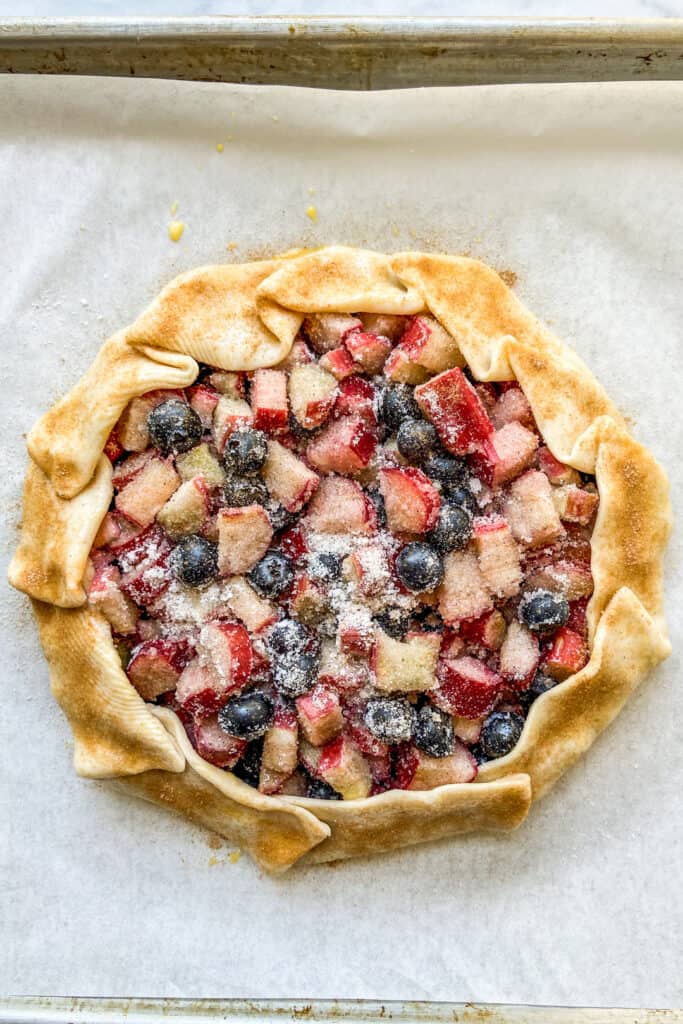 A rhubarb blueberry galette before baking.