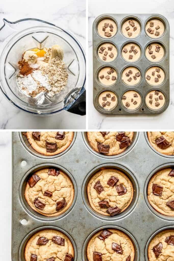 A compilation of photos of how to make blender banana oat muffins.