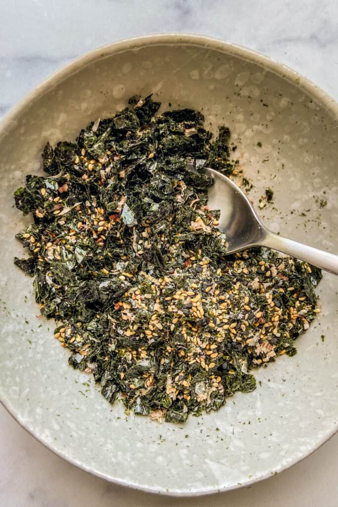 A closeup shot of a bowl of furikake. 