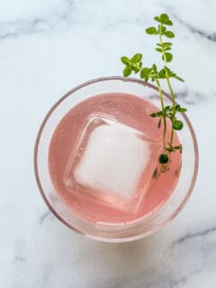 An overhead shot of a rhubarb shrub cocktail.