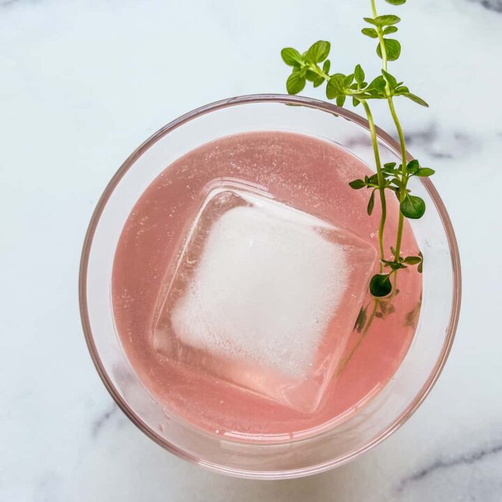 An overhead shot of a rhubarb shrub cocktail.