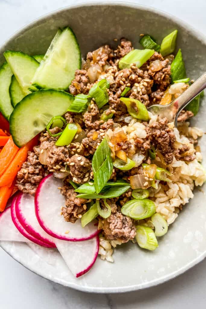 A closeup shot of a bowl of bulgogi ground beef.