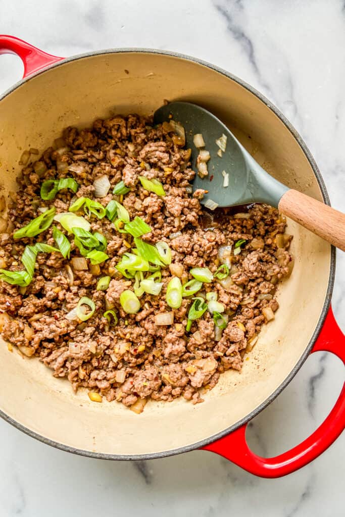 Ground beef bulgogi in a dutch oven.