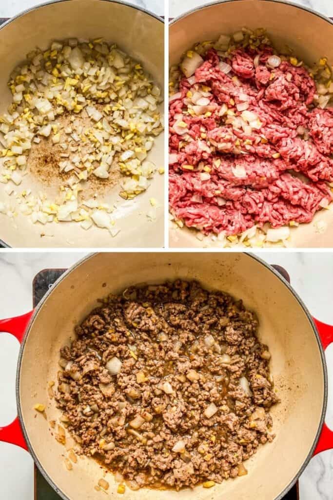 Three photos of onion and beef cooking.