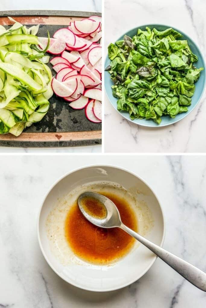 Three pictures of the salad being made - chopped veggies, choppes greens, and a bowl with the dressing.