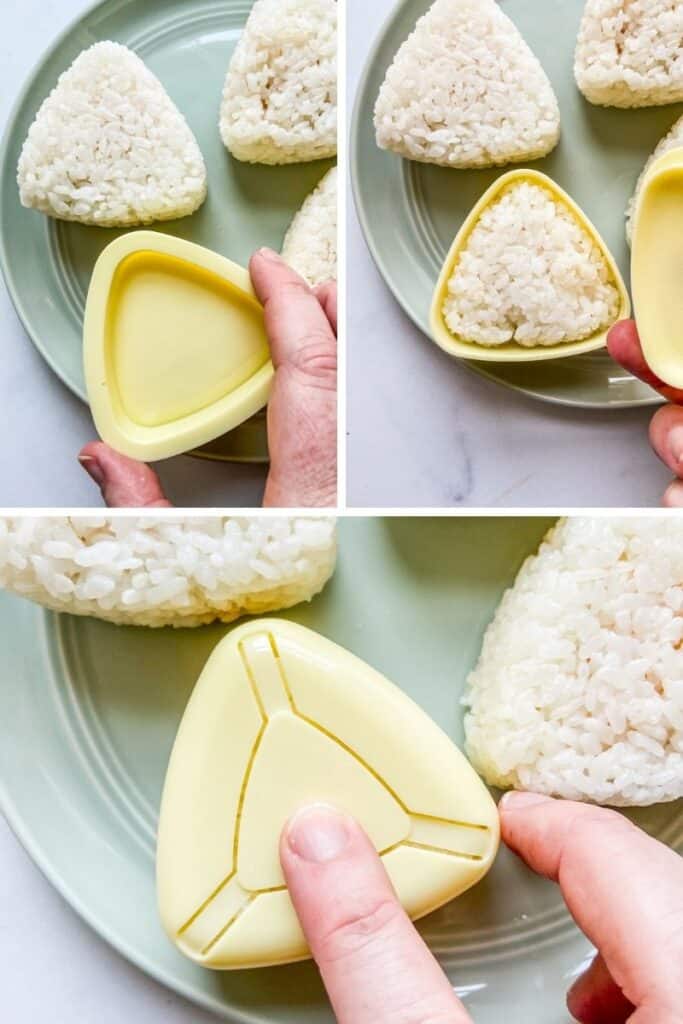 Three pictures showing how to make onigiri.