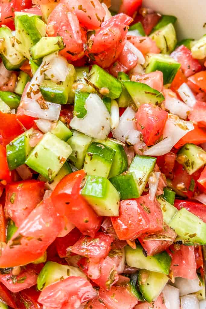 A closeup shot of shirazi salad.