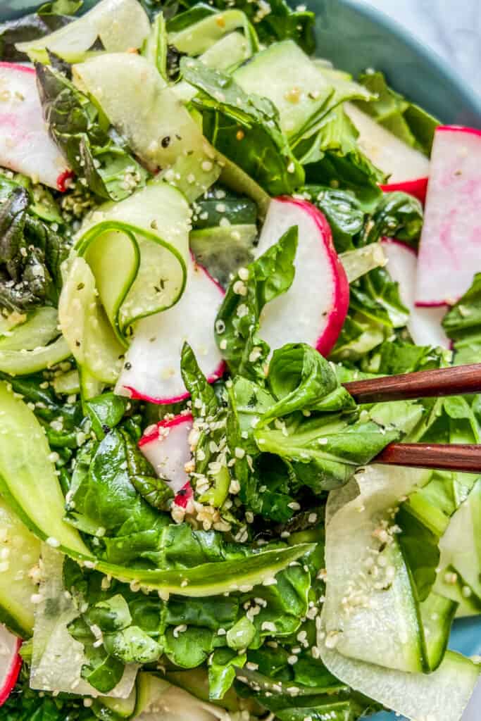 A closeup shot of an Asian green salad with chopsticks.