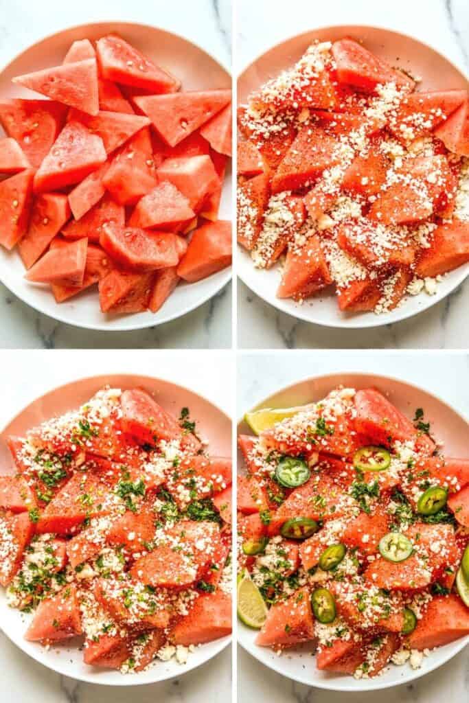 Four photos of making a watermelon salad with tajin and cotija.