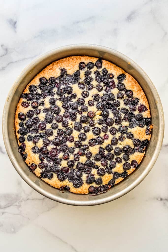 An overhead shot of a baked blueberry cake in a silver cake dish.