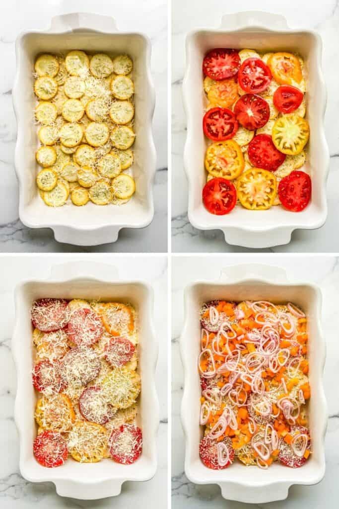 Four photos showing how to layer the gratin.