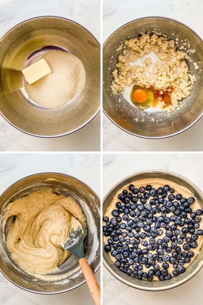 Four process shots of making the blueberry cake - including sugar and butter in a large metal mixing bowl, then the butter and sugar creamed with milk and an egg, then the batter fully mixed and smooth, and finally a cake baking dish with the batter and a single layer of blueberries on top.