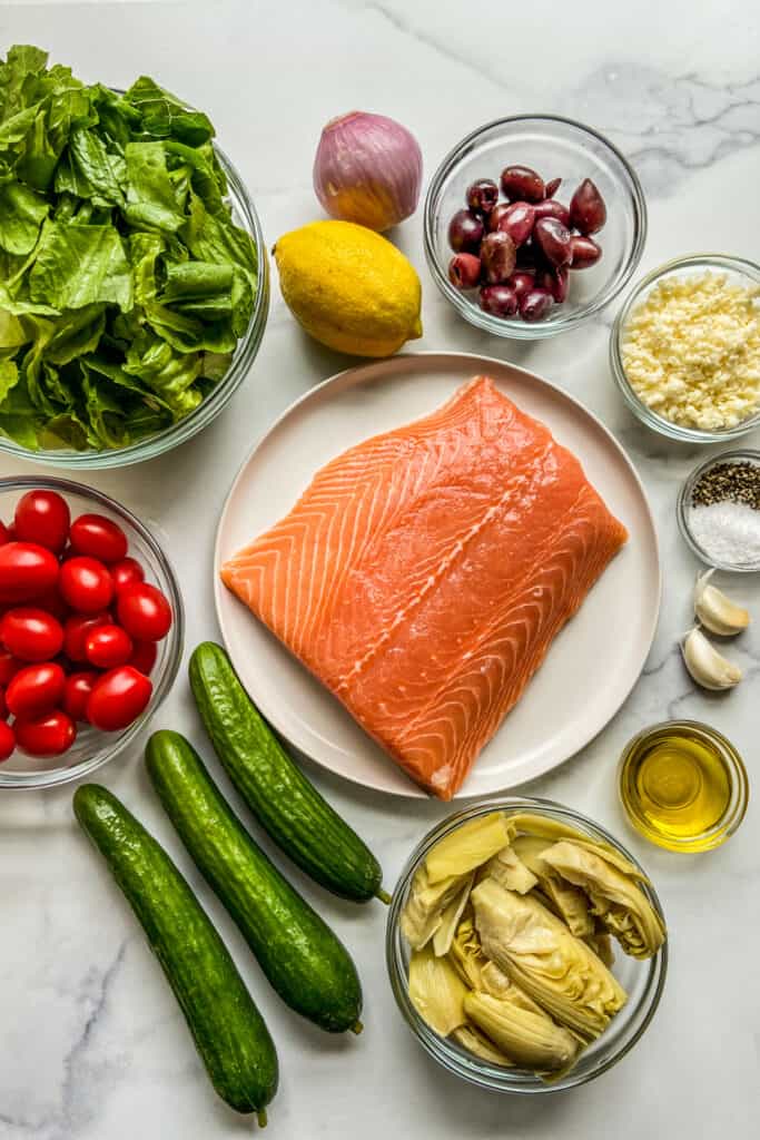 A salmon fillet, romaine lettuce, cucumbers, tomatoes, olive, artichoke hearts, a lemon, shallot, and olive oil.