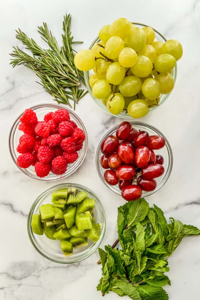 Grapes, fresh herbs, kiwi, and raspberries.