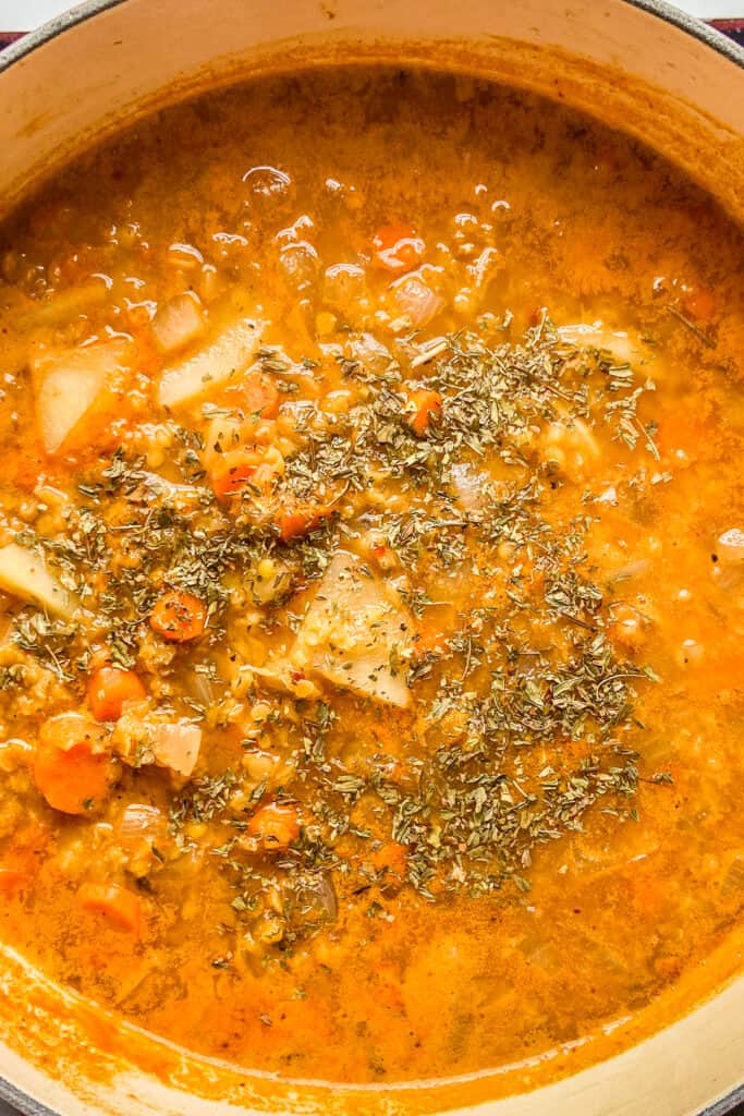 Lentil soup topped with dried mint.