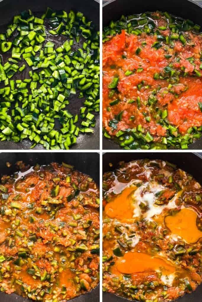 Four photos showing the stages of making menemen.