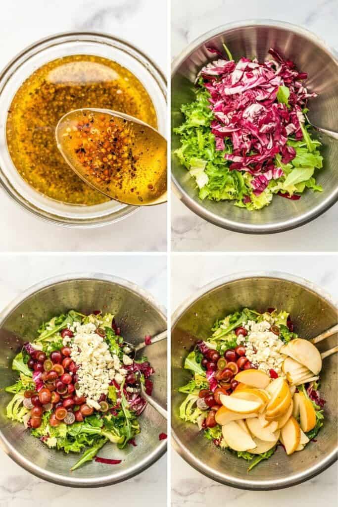 Four process shots showing making the dressing and putting the salad together.