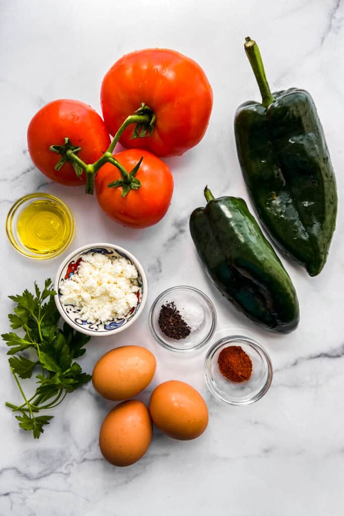 Tomatoes, poblano peppers, eggs, spices, crumbled cheese, olive oil, and parsley on a marble background.