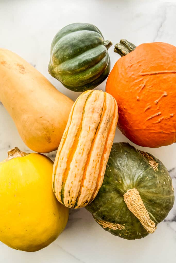 Types of winter squash stacked on each other - including delicata, kabocha, butternut, acorn, pumpkin, and spaghetti squash.