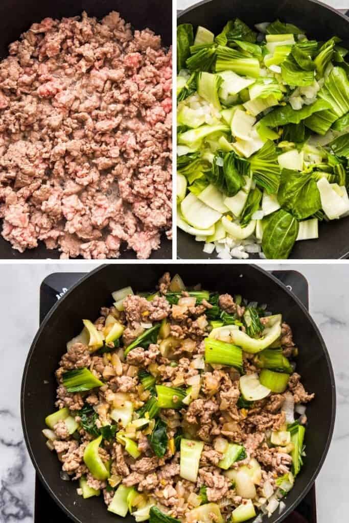 Three photos showing how to make pork stir fry.
