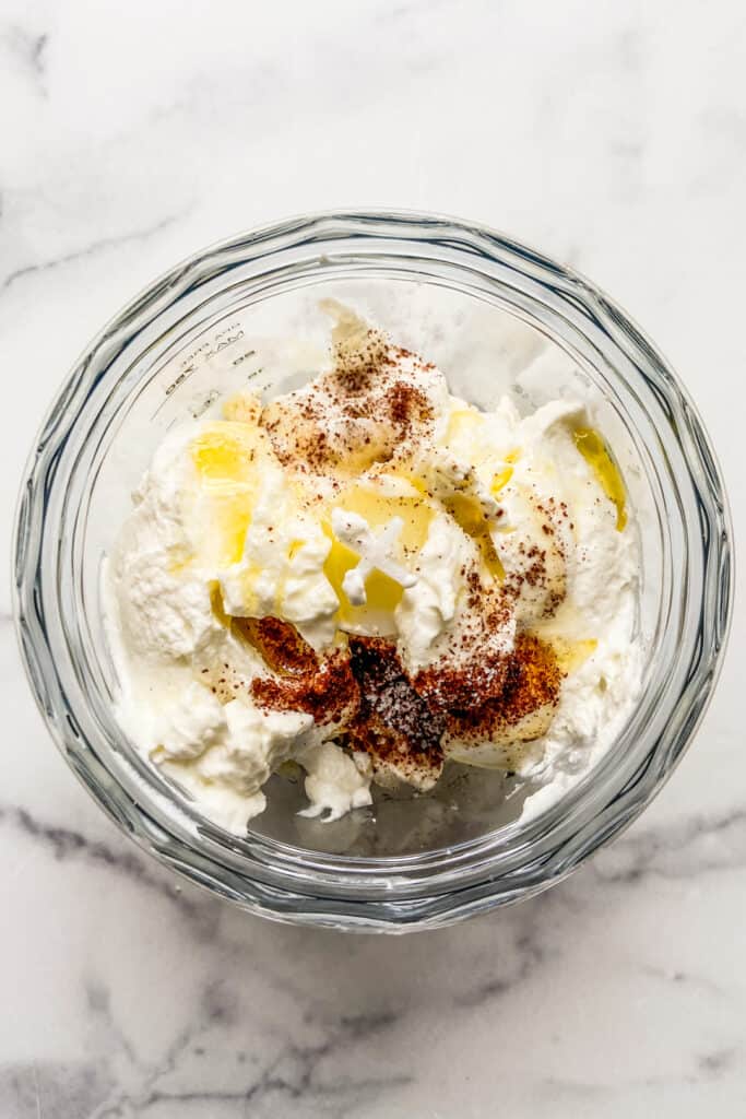 Making the whipped feta dip.