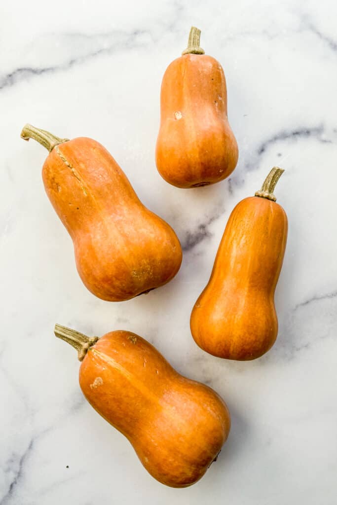 Four honeynut squash on a marble backdrop.