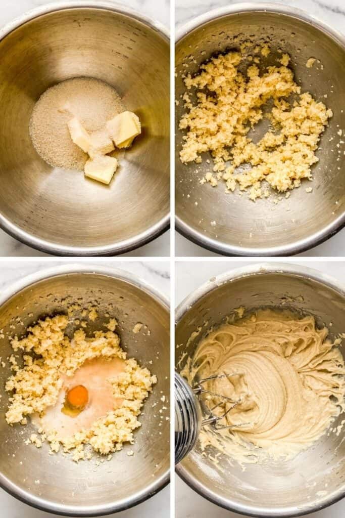 Four photos showing the stages of making the cake batter.
