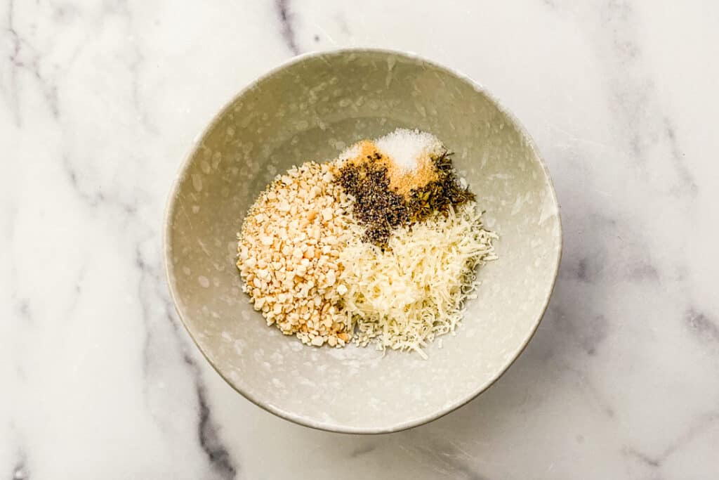 A bowl with panko, parmesan, and spices.