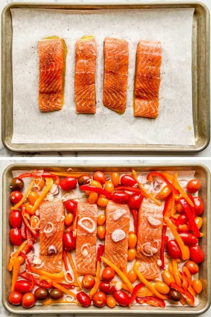 Two photos showing the salmon and vegetables being prepared on a sheet pan.