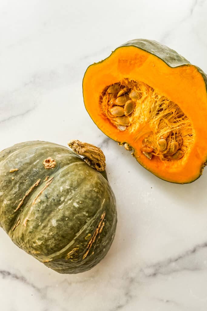 Kabocha squash cut in half.