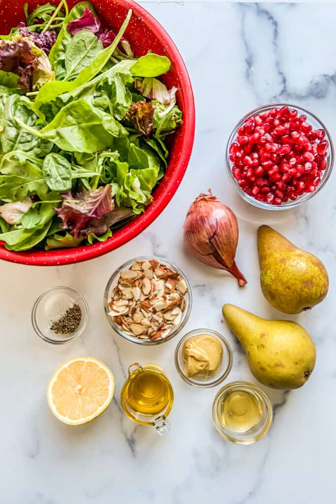 Greens, pomegranate seeds, shallot, pears, almonds, dijon, lemon, salt, pepper, honey, and olive oil.