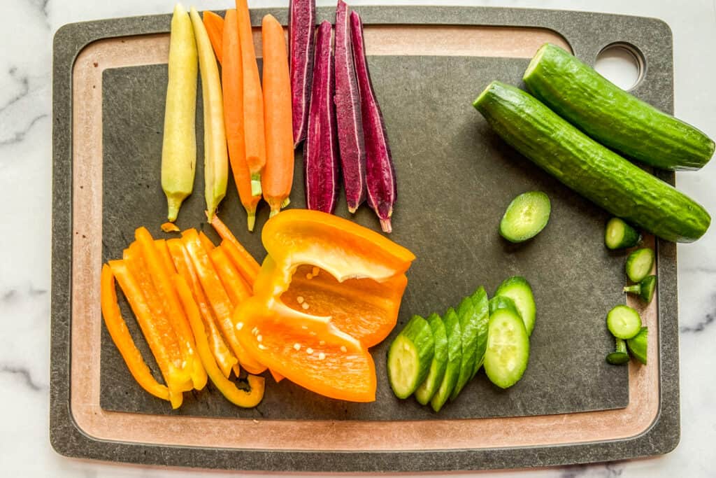 Chopped vegetables on a cutting board.