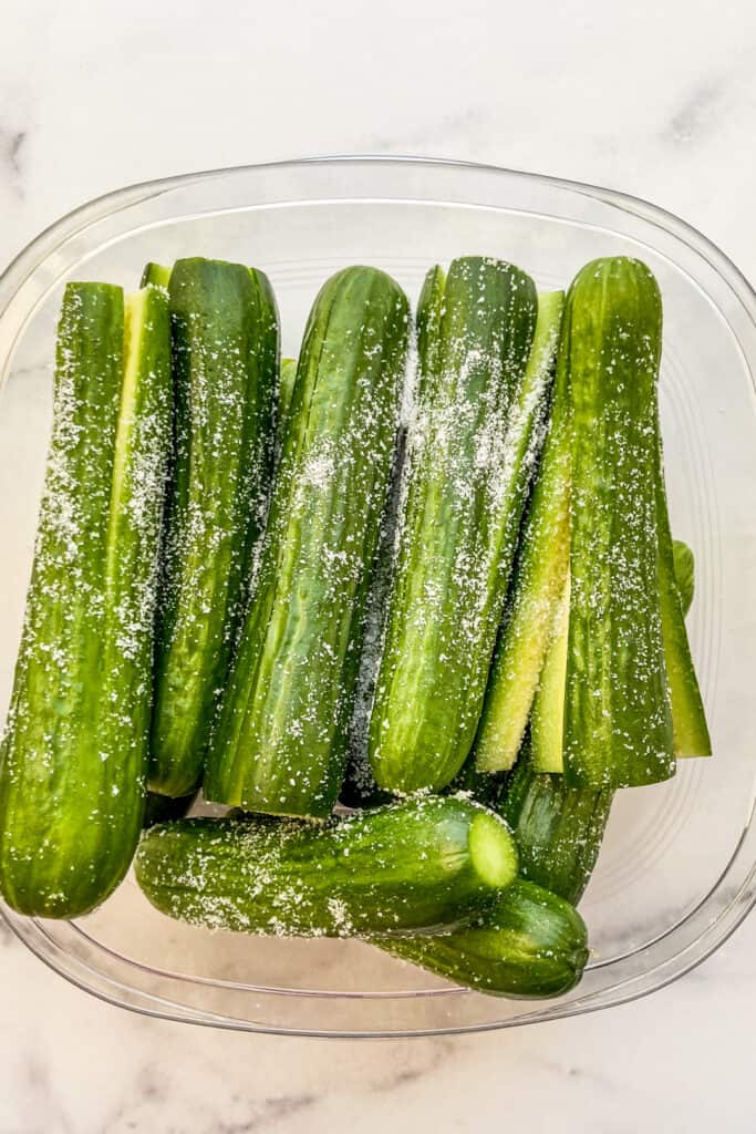 Salted cucumbers in a plastic container.