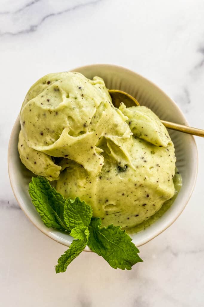 Kiwi sorbet in a small white bowl with a spoon.