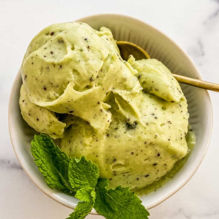 Kiwi sorbet in a small white bowl with a spoon.