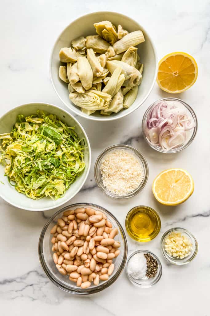 Artichokes, Brussels sprouts, white beans, sliced shallot, parmesan, lemon, olive oil, and spices on a marble background.