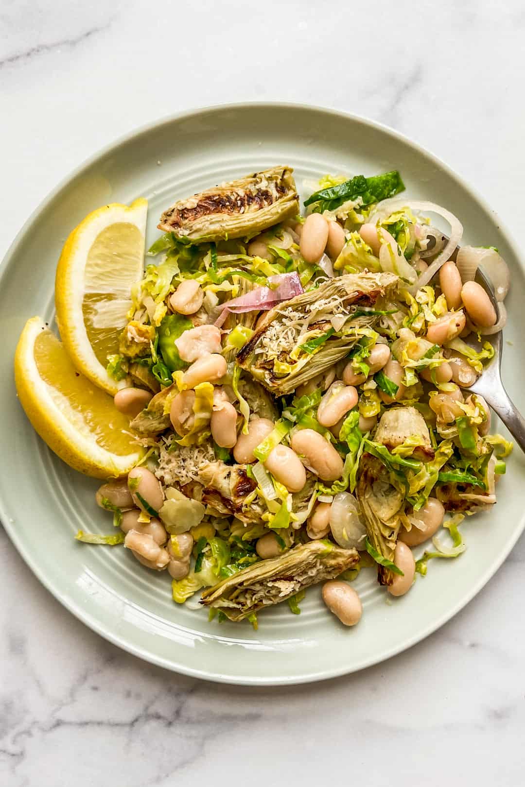 A Brussels sprouts, white bean, and roasted artichoke salad on a plate.
