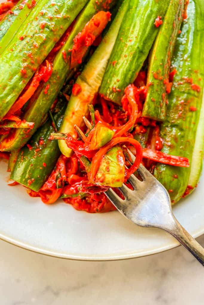 A fork with a bowl of kimchi cucumber.