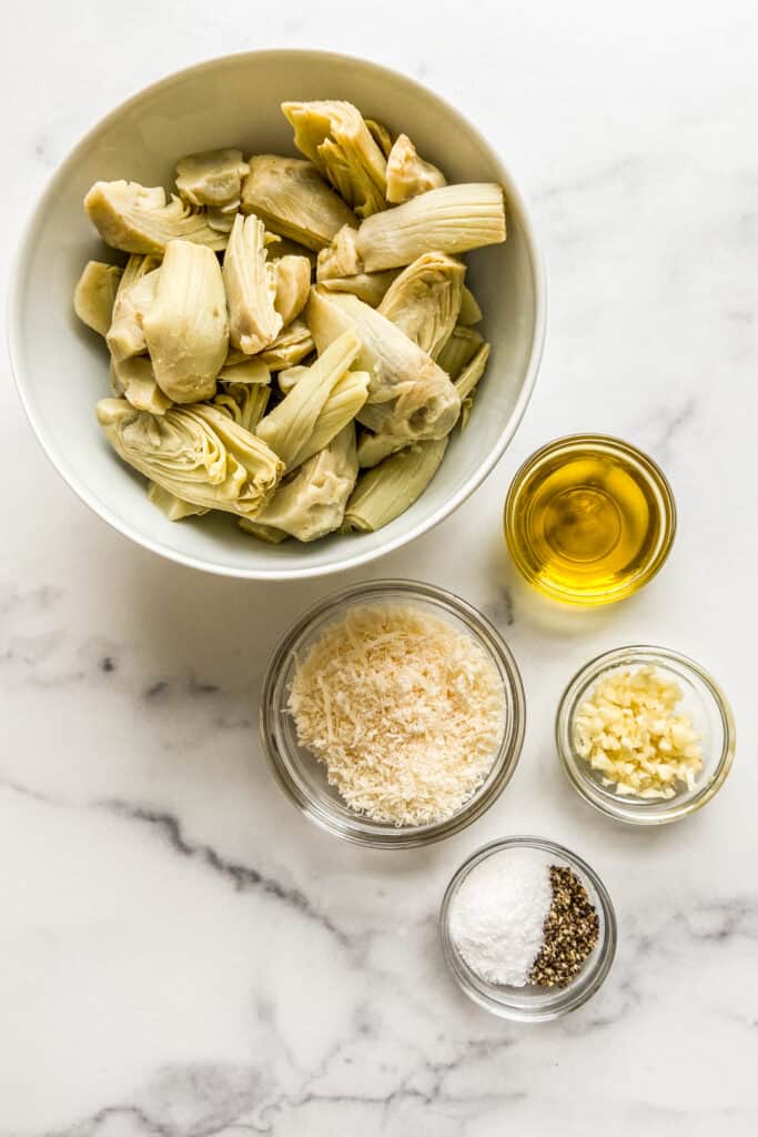 Artichoke hearts, olive oil, parmesan, salt and pepper.