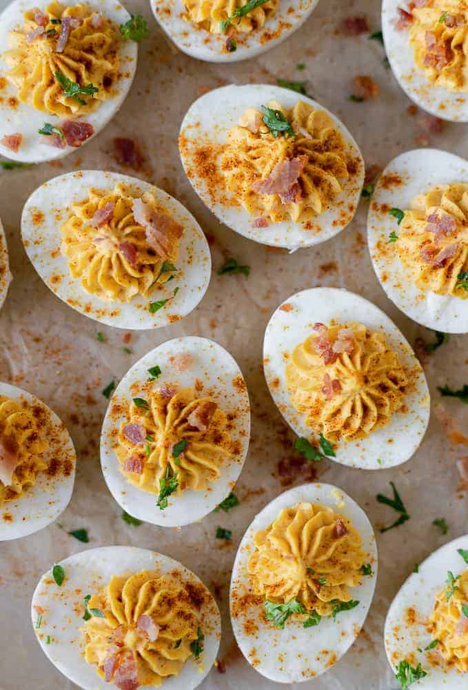 Deviled eggs with bacon.