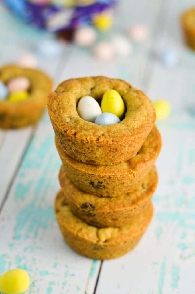 Chocolate chip cookie cups with easter egg candy.