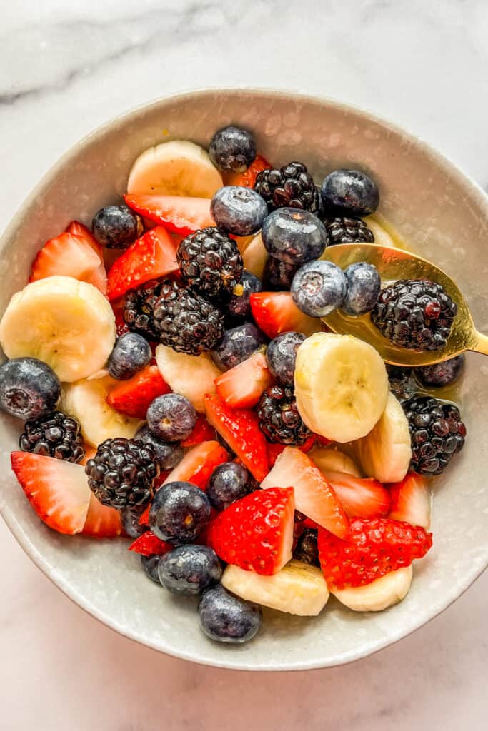 Breakfast fruit salad in a small bowl