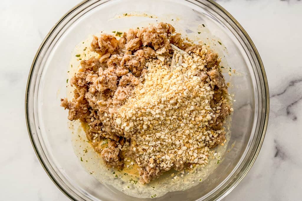 Crab meat and panko breadcrumbs in a mixing bowl.