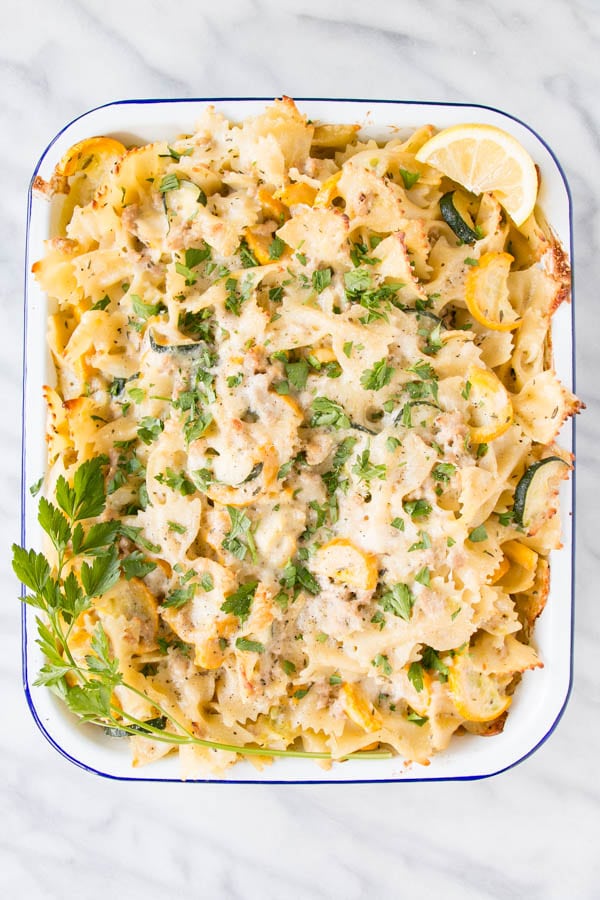 Summer squash casserole in a baking dish.