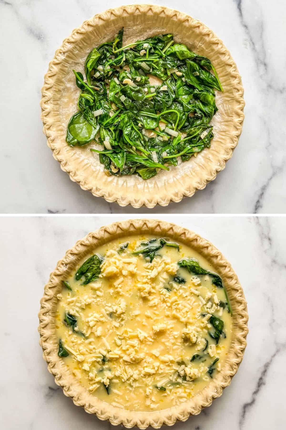Two photos showing the preparation of a duck egg quiche.