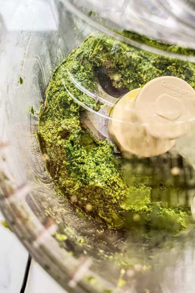 Ramp pesto being made in a food processor.