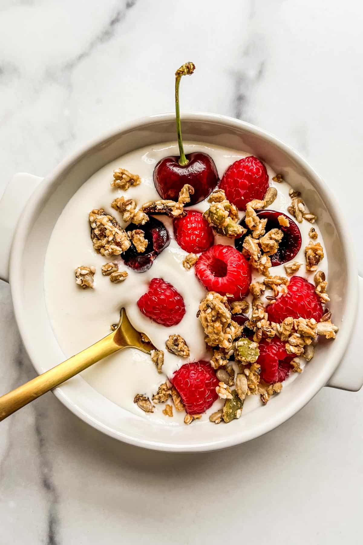 Blended cottage cheese topped with berries and granola.