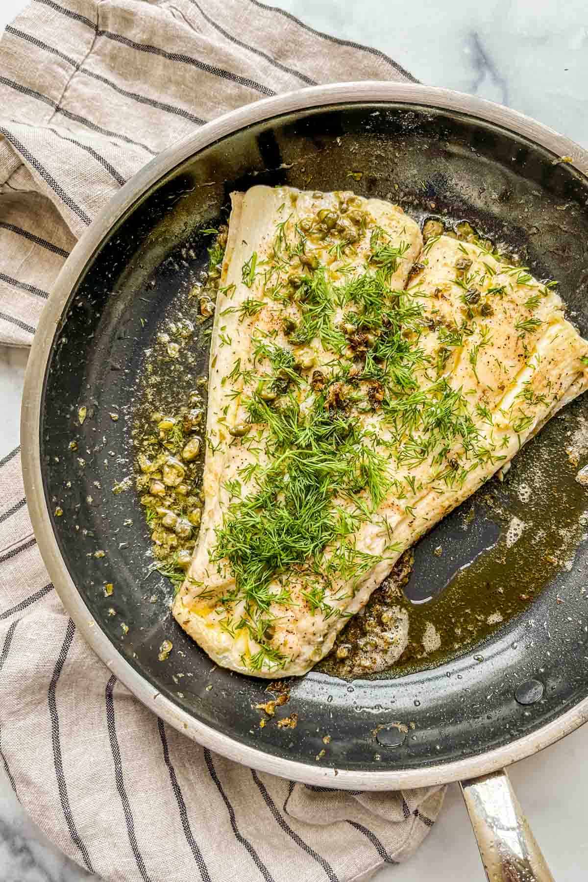 Pan seared halibut in a nonstick skillet.